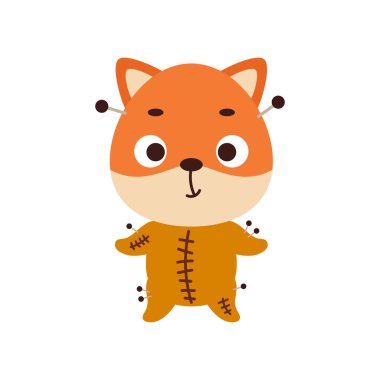 Vudu kostümü giymiş şirin bir Cadılar Bayramı tilkisi. Çocuk tişörtleri için çizgi film karakteri, bebek dekorasyonu, bebek partisi, tebrik kartı, davetiye, ev içi. Vektör stok illüstrasyonu