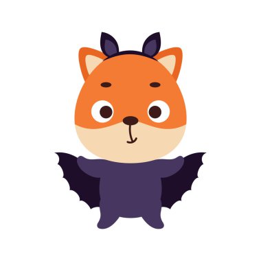 Yarasa kostümü giymiş şirin bir Cadılar Bayramı tilkisi. Çocuk tişörtleri için çizgi film karakteri, bebek dekorasyonu, bebek partisi, tebrik kartı, davetiye, ev içi. Vektör stok illüstrasyonu