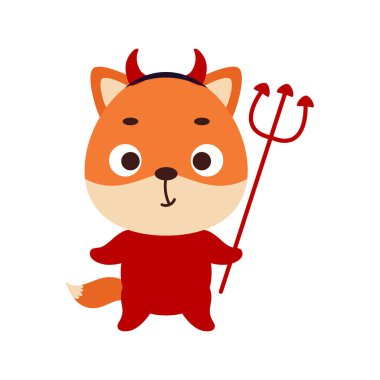 Şeytan kostümü giymiş şirin bir cadılar bayramı tilkisi. Çocuk tişörtleri için çizgi film karakteri, bebek dekorasyonu, bebek partisi, tebrik kartı, davetiye, ev içi. Vektör stok illüstrasyonu