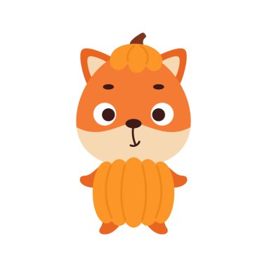 Balkabağı kostümlü şirin bir Cadılar Bayramı tilkisi. Çocuk tişörtleri için çizgi film karakteri, bebek dekorasyonu, bebek partisi, tebrik kartı, davetiye, ev içi. Vektör stok illüstrasyonu