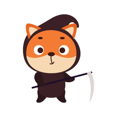 Azrail kostümlü şirin bir Cadılar Bayramı tilkisi. Çocuk tişörtleri için çizgi film karakteri, bebek dekorasyonu, bebek partisi, tebrik kartı, davetiye, ev içi. Vektör stok illüstrasyonu