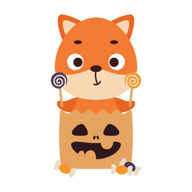 Şeker dolu şeker çantasında oturan şirin Cadılar Bayramı tilkisi. Çocuk tişörtleri için çizgi film karakteri, çocuk odası dekorasyonu, bebek partisi, tebrik kartı, davetiye. Vektör stok illüstrasyonu