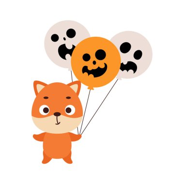 Cadılar Bayramı balonları tutan küçük şirin tilki. Çocuk tişörtleri için çizgi film karakteri, çocuk odası dekorasyonu, bebek partisi, tebrik kartı, davetiye. Vektör stok illüstrasyonu