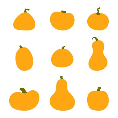 Şükran Günü ya da Cadılar Bayramı için balkabağı kabağı çizgi filmi seti. Şenlik lambaları, çıkartmalar, dekorasyon, sayfa, ağ için turuncu sonbahar balkabakları. İzole vektör stok illüstrasyonu.