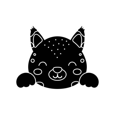 Şirin İskandinav vaşak kafası. Çocukların tişörtleri, giysileri, bebek odası dekorasyonu, tebrik kartları, davetiyeler, posterler, evin içi. Vektör stok illüstrasyonu