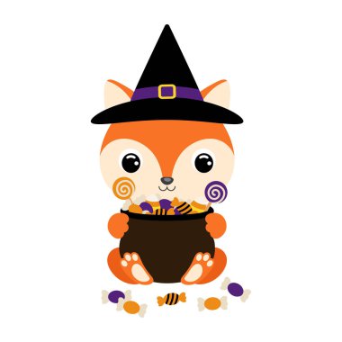 Cute Halloween fox in witch hat holding a pot with candies. Cartoon animal character for kids t-shirts, nursery decoration, baby shower, greeting card, invitation. Vector stock illustration