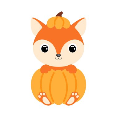 Balkabağının içinde oturan şirin tilki. Çocuk tişörtleri için çizgi film karakteri, çocuk odası dekorasyonu, bebek partisi, tebrik kartı, davetiye. Vektör stok illüstrasyonu