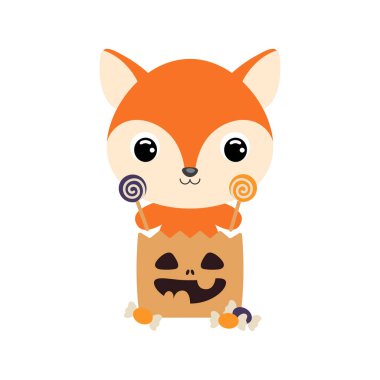 Şeker dolu şeker çantasında oturan şirin Cadılar Bayramı tilkisi. Çocuk tişörtleri için çizgi film karakteri, çocuk odası dekorasyonu, bebek partisi, tebrik kartı, davetiye. Vektör stok illüstrasyonu