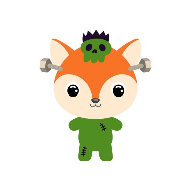 Frankenstein kostümlü şirin bir Cadılar Bayramı tilkisi. Çocuk tişörtleri için çizgi film karakteri, çocuk odası dekorasyonu, bebek partisi, tebrik kartı, davetiye. Vektör stok illüstrasyonu