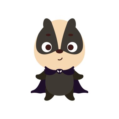 Büyücü kostümü giymiş şirin bir cadılar bayramı porsuğu. Çocuk tişörtleri için çizgi film karakteri, bebek dekorasyonu, bebek partisi, tebrik kartı, davetiye, ev içi. Vektör stok illüstrasyonu