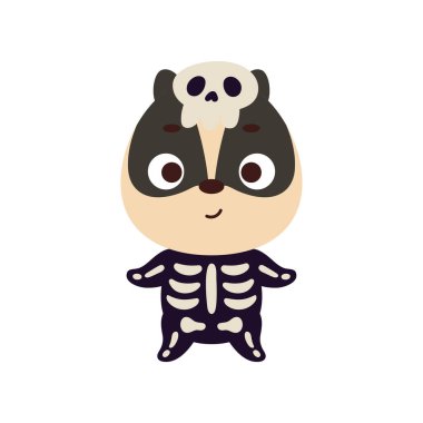 İskelet kostümlü şirin küçük Cadılar Bayramı porsuğu. Çocuk tişörtleri için çizgi film karakteri, bebek dekorasyonu, bebek partisi, tebrik kartı, davetiye, ev içi. Vektör stok illüstrasyonu