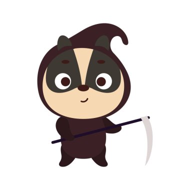 Azrail kostümlü şirin küçük Cadılar Bayramı porsuğu. Çocuk tişörtleri için çizgi film karakteri, bebek dekorasyonu, bebek partisi, tebrik kartı, davetiye, dekor. Vektör stok illüstrasyonu