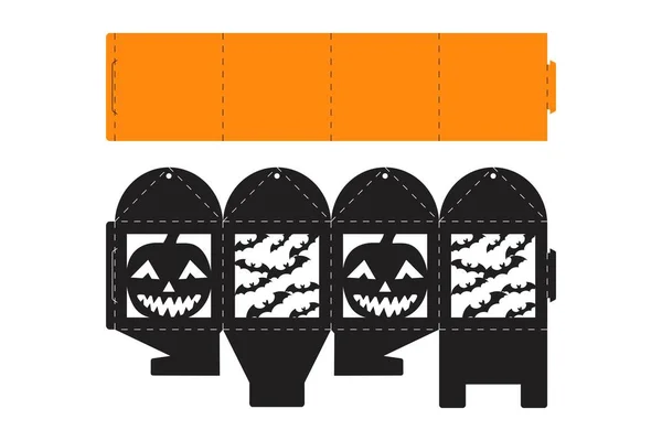 ハロウィンは怖いカボチャで箱を扱います キャンディー 小さなプレゼント パン屋のためのジャック オランタンの顔のギフトパーティーパッケージ レーザーカット用のシンプルなパッケージダイカットテンプレート ベクターストックイラスト — ストックベクタ
