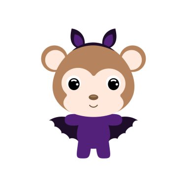 Yarasa kostümü giymiş şirin bir Cadılar Bayramı maymunu. Çocuk tişörtleri için çizgi film karakteri, bebek dekorasyonu, bebek partisi, tebrik kartı, davetiye, ev içi. Vektör stok illüstrasyonu