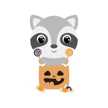 Tatlı Cadılar Bayramı rakunu şeker dolu şeker torbasında oturuyor. Çocuk tişörtleri için çizgi film karakteri, çocuk odası dekorasyonu, bebek partisi, tebrik kartı, davetiye. Vektör stok illüstrasyonu