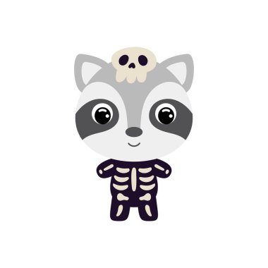 İskelet kostümlü şirin bir cadılar bayramı rakunu. Çocuk tişörtleri için çizgi film karakteri, bebek dekorasyonu, bebek partisi, tebrik kartı, davetiye, ev içi. Vektör stok illüstrasyonu