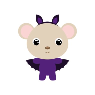 Yarasa kostümü giymiş şirin bir Cadılar Bayramı faresi. Çocuk tişörtleri için çizgi film karakteri, bebek dekorasyonu, bebek partisi, tebrik kartı, davetiye, ev içi. Vektör stok illüstrasyonu