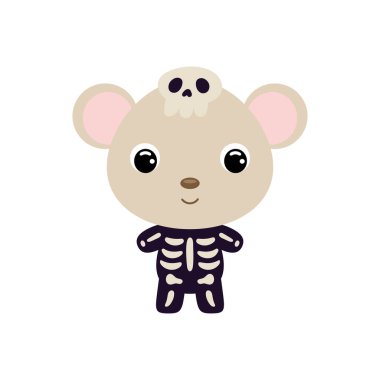 İskelet kostümlü şirin bir Cadılar Bayramı faresi. Çocuk tişörtleri için çizgi film karakteri, bebek dekorasyonu, bebek partisi, tebrik kartı, davetiye, ev içi. Vektör stok illüstrasyonu