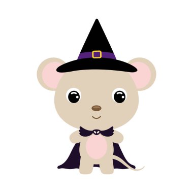 Büyücü kostümü giymiş şirin bir Cadılar Bayramı faresi. Çocuk tişörtleri için çizgi film karakteri, bebek dekorasyonu, bebek partisi, tebrik kartı, davetiye, ev içi. Vektör stok illüstrasyonu