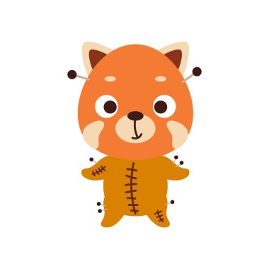 Vudu kostümlü şirin küçük Cadılar Bayramı kırmızı pandası. Çocuk tişörtleri için çizgi film karakteri, bebek dekorasyonu, bebek partisi, tebrik kartı, davetiye, ev içi. Vektör stok illüstrasyonu