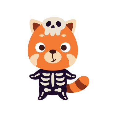 İskelet kostümlü şirin küçük Cadılar Bayramı kırmızı pandası. Çocuk tişörtleri için çizgi film karakteri, bebek dekorasyonu, bebek partisi, tebrik kartı, davetiye, ev içi. Vektör stok illüstrasyonu