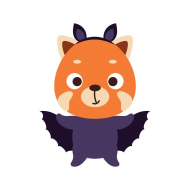 Yarasa kostümlü şirin küçük Cadılar Bayramı kırmızı pandası. Çocuk tişörtleri için çizgi film karakteri, bebek dekorasyonu, bebek partisi, tebrik kartı, davetiye, ev içi. Vektör stok illüstrasyonu