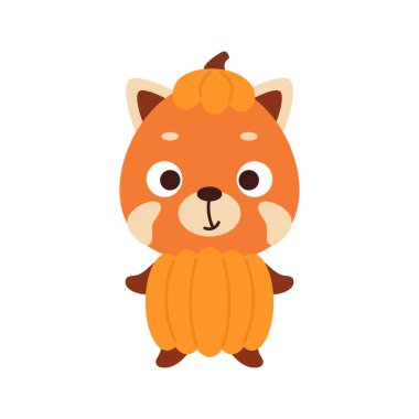 Balkabağı kostümlü şirin küçük Cadılar Bayramı kırmızı pandası. Çocuk tişörtleri için çizgi film karakteri, bebek dekorasyonu, bebek partisi, tebrik kartı, davetiye, ev içi. Vektör stok illüstrasyonu