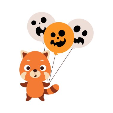 Cadılar Bayramı balonları tutan şirin kırmızı panda. Çocuk tişörtleri için çizgi film karakteri, çocuk odası dekorasyonu, bebek partisi, tebrik kartı, davetiye. Vektör stok illüstrasyonu