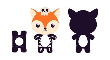 Tatlı çocuk, Cadılar Bayramında kesilmiş çikolatalı yumurta tutacağı şablonu. İskelet kostümlü çizgi film karakteri. Paskalya yumurtası için karton kutu. Yazdırılabilir renk şeması. Vektör stok illüstrasyonu