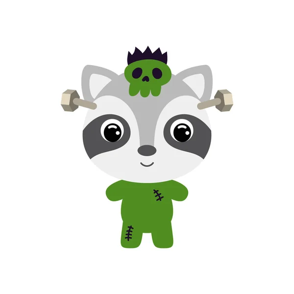 Cute Little Halloween Raccoon Frankenstein Costume Cartoon Animal Character Kids — Stock Vector