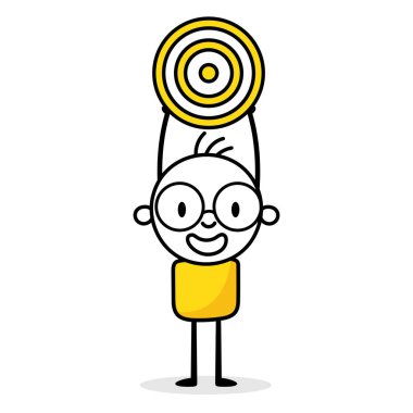 İşadamı elinde beyaz arka planda bir hedef tutuyor. El çizimi karalama adamı. Vektör stok illüstrasyonu.