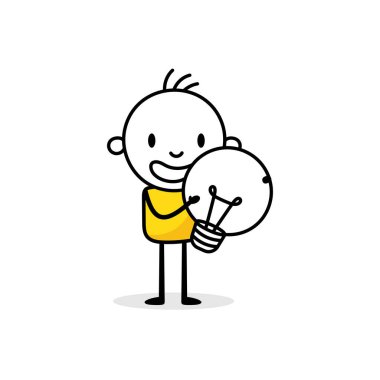 İş adamı beyaz arka planda bir ampul tutuyor. El çizimi karalama adamı. Fikir ve yaratıcılık kavramı. Vektör stok illüstrasyonu.