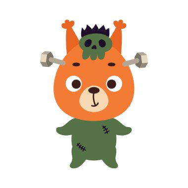 Frankenstein kostümlü şirin bir Cadılar Bayramı sincabı. Çocuk tişörtleri için çizgi film karakteri, çocuk odası dekorasyonu, bebek partisi, tebrik kartı, davetiye. Vektör stok illüstrasyonu