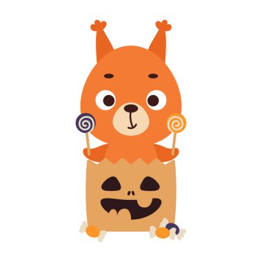 Tatlı Cadılar Bayramı sincabı şeker dolu şeker torbasında oturuyor. Çocuk tişörtleri için çizgi film karakteri, çocuk odası dekorasyonu, bebek partisi, tebrik kartı, davetiye. Vektör stok illüstrasyonu