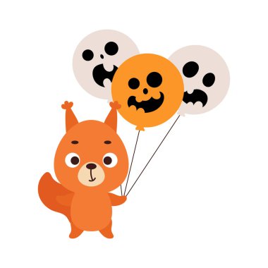 Cadılar Bayramı balonlarını tutan şirin bir sincap. Çocuk tişörtleri için çizgi film karakteri, çocuk odası dekorasyonu, bebek partisi, tebrik kartı, davetiye. Vektör stok illüstrasyonu