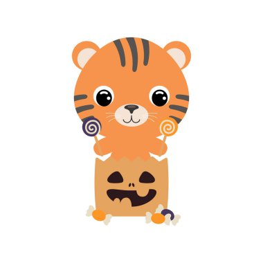 Tatlı Cadılar Bayramı kaplanı şeker dolu şeker torbasında oturuyor. Çocuk tişörtleri için çizgi film karakteri, çocuk odası dekorasyonu, bebek partisi, tebrik kartı, davetiye. Vektör stok illüstrasyonu