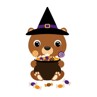 Cadı şapkalı şirin cadılar bayramı kunduzu şeker dolu bir kap tutuyor. Çocuk tişörtleri için çizgi film karakteri, çocuk odası dekorasyonu, bebek partisi, tebrik kartı, davetiye. Vektör stok illüstrasyonu