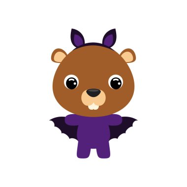 Yarasa kostümlü şirin küçük Cadılar Bayramı kunduzu. Çocuk tişörtleri için çizgi film karakteri, bebek dekorasyonu, bebek partisi, tebrik kartı, davetiye, ev içi. Vektör stok illüstrasyonu