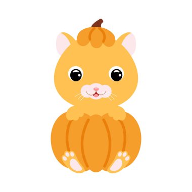 Balkabağının içinde oturan sevimli küçük hamster. Çocuk tişörtleri için çizgi film karakteri, çocuk odası dekorasyonu, bebek partisi, tebrik kartı, davetiye. Vektör stok illüstrasyonu