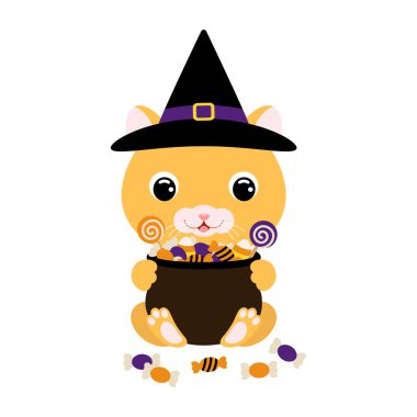 Cadı şapkalı şirin Cadılar Bayramı hamsterı elinde şeker dolu bir çömlek tutuyor. Çocuk tişörtleri için çizgi film karakteri, çocuk odası dekorasyonu, bebek partisi, tebrik kartı, davetiye. Vektör stok illüstrasyonu