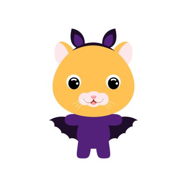 Yarasa kostümü giymiş şirin bir Cadılar Bayramı hamster 'ı. Çocuk tişörtleri için çizgi film karakteri, bebek dekorasyonu, bebek partisi, tebrik kartı, davetiye, ev içi. Vektör stok illüstrasyonu