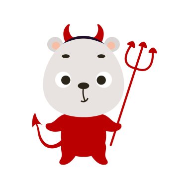 Şeytan kostümü giymiş şirin küçük Cadılar Bayramı kutup ayısı. Çocuk tişörtleri için çizgi film karakteri, bebek dekorasyonu, bebek partisi, tebrik kartı, davetiye, ev içi. Vektör stok illüstrasyonu