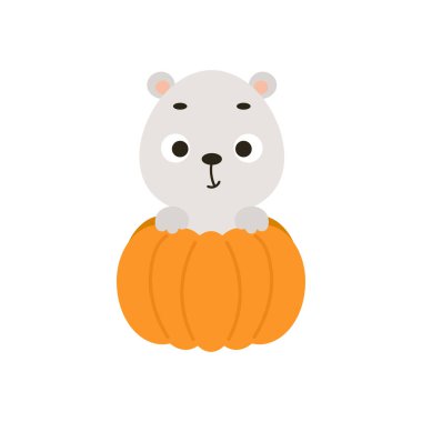 Balkabağının içinde oturan şirin küçük kutup ayısı. Çocuk tişörtleri için çizgi film karakteri, çocuk odası dekorasyonu, bebek partisi, tebrik kartı, davetiye. Vektör stok illüstrasyonu