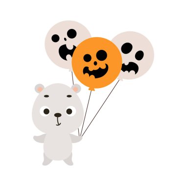 Cadılar Bayramı balonları tutan şirin küçük kutup ayısı. Çocuk tişörtleri için çizgi film karakteri, çocuk odası dekorasyonu, bebek partisi, tebrik kartı, davetiye. Vektör stok illüstrasyonu