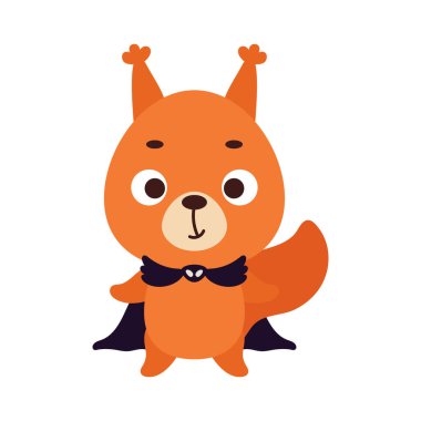 Büyücü kostümü giymiş şirin bir Cadılar Bayramı sincabı. Çocuk tişörtleri için çizgi film karakteri, bebek dekorasyonu, bebek partisi, tebrik kartı, davetiye, ev içi. Vektör stok illüstrasyonu