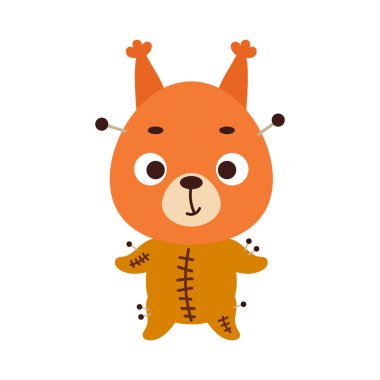 Vudu kostümü giymiş şirin bir Cadılar Bayramı sincabı. Çocuk tişörtleri için çizgi film karakteri, bebek dekorasyonu, bebek partisi, tebrik kartı, davetiye, ev içi. Vektör stok illüstrasyonu