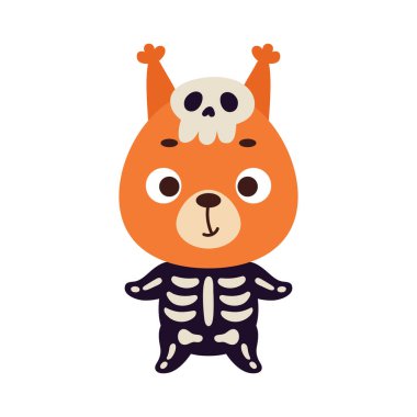 İskelet kostümlü şirin bir cadılar bayramı sincabı. Çocuk tişörtleri için çizgi film karakteri, bebek dekorasyonu, bebek partisi, tebrik kartı, davetiye, ev içi. Vektör stok illüstrasyonu