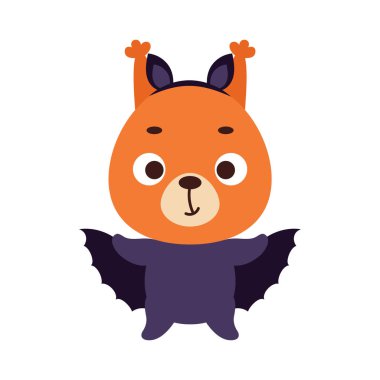 Yarasa kostümü giymiş şirin bir Cadılar Bayramı sincabı. Çocuk tişörtleri için çizgi film karakteri, bebek dekorasyonu, bebek partisi, tebrik kartı, davetiye, ev içi. Vektör stok illüstrasyonu