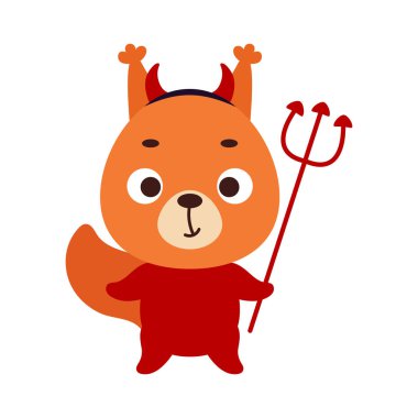 Şeytan kostümü giymiş şirin bir cadılar bayramı sincabı. Çocuk tişörtleri için çizgi film karakteri, bebek dekorasyonu, bebek partisi, tebrik kartı, davetiye, ev içi. Vektör stok illüstrasyonu