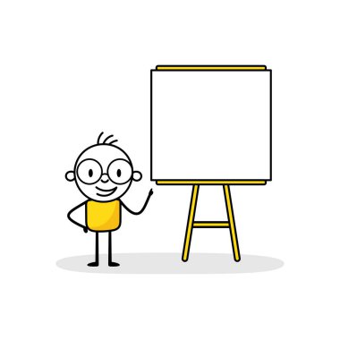 Man makes a presentation near a storyboard. Vector stock illustration.